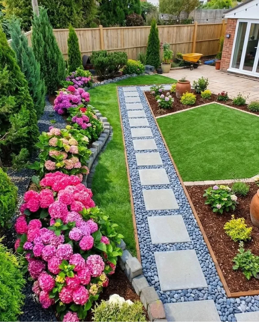 Garden path bordered by pink hydrangeas and evergreen shrubs
