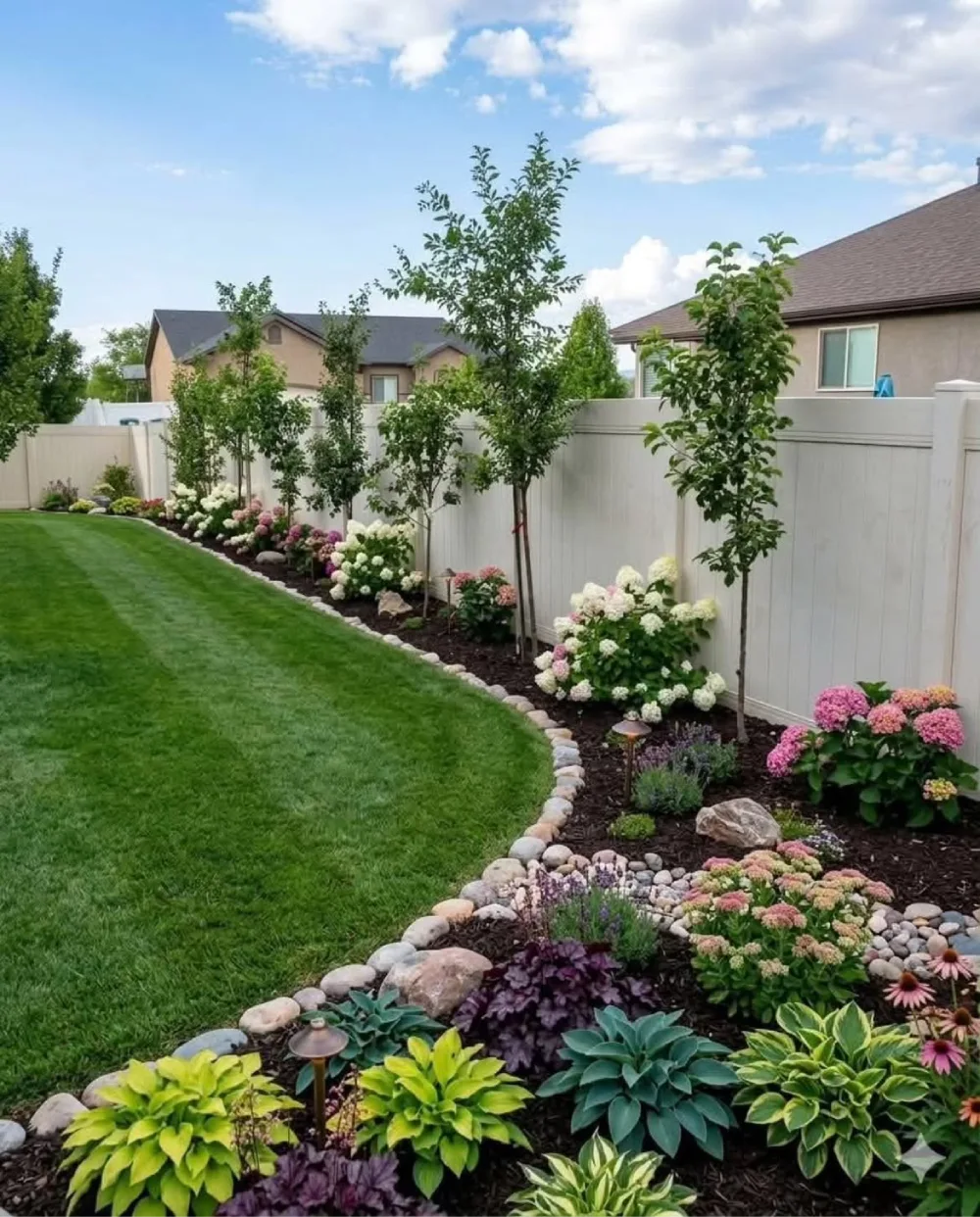 Garden border with young trees, hydrangeas, hostas, and colorful foliage along a white fence