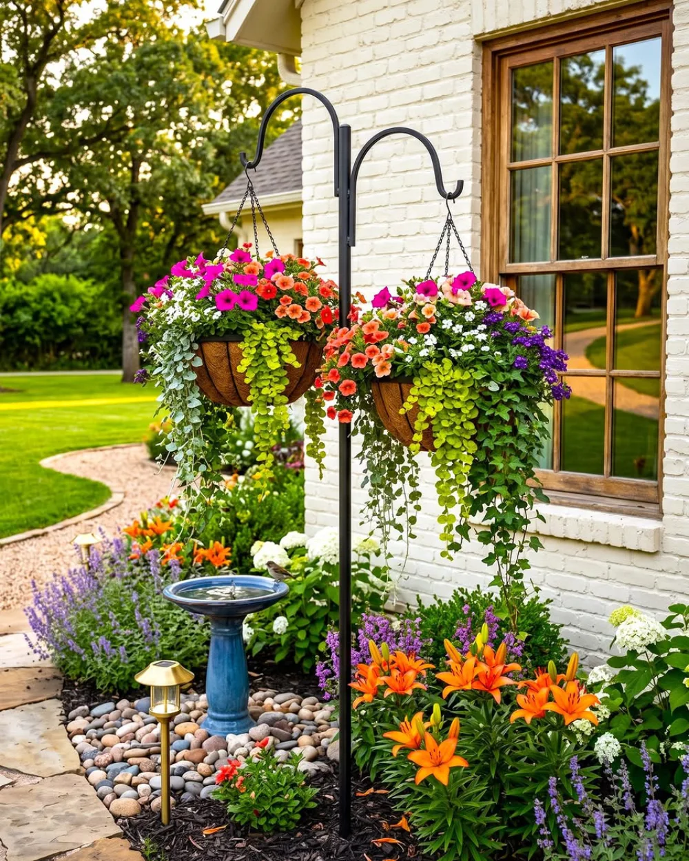 Colorful hanging flower baskets displayed beside a white brick house