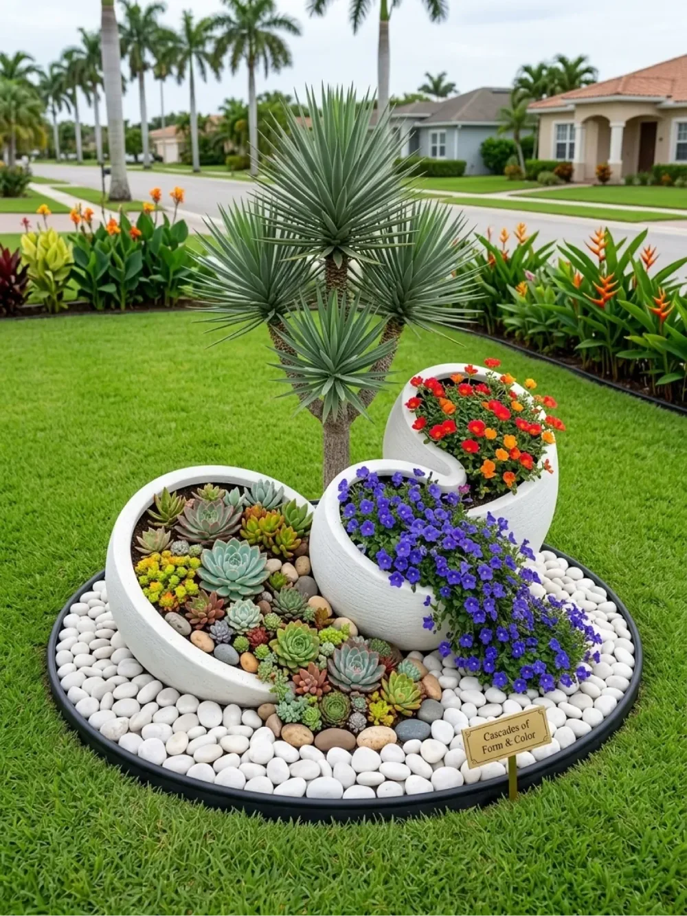Sculptural succulent garden with colorful flowers and spiky yucca plants