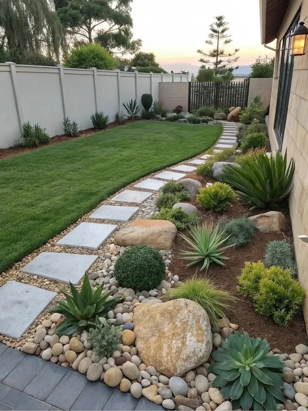 Low-maintenance garden with agaves, ornamental grasses, rocks, and stepping stones