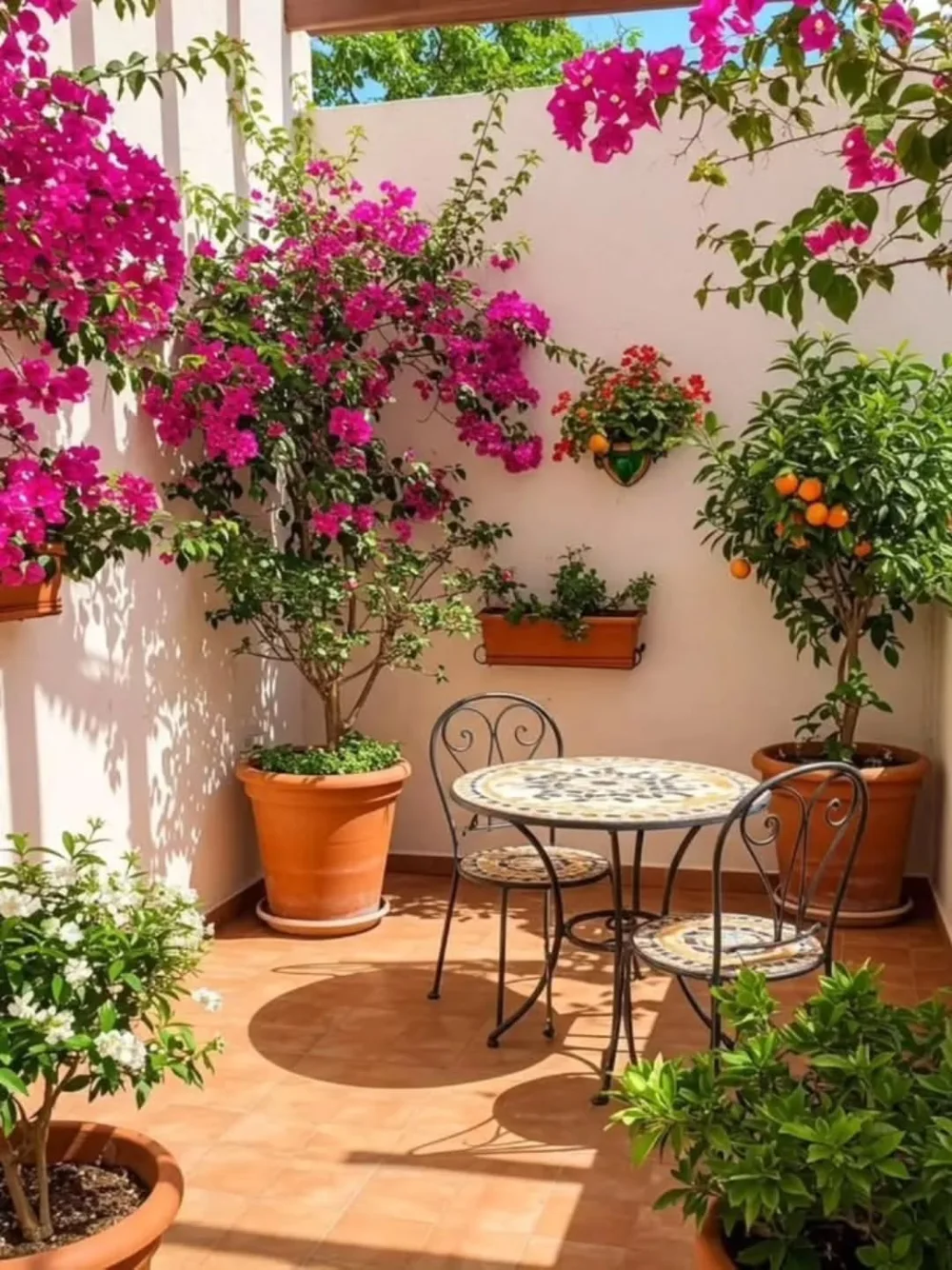 Small patio decorated with potted bougainvillea and citrus trees